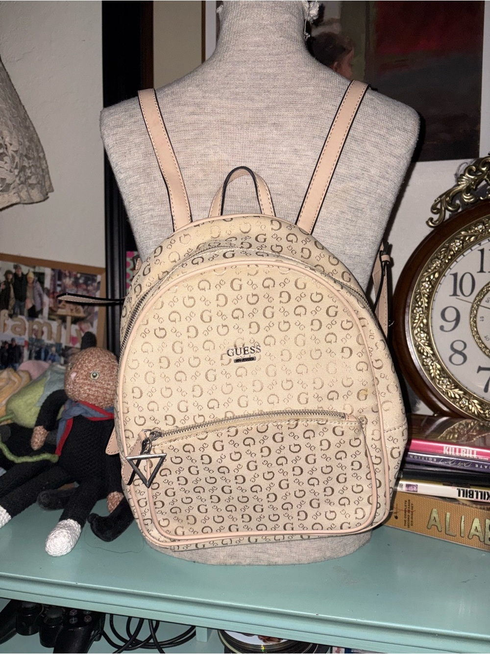GUESS Beige Logo-Print Mini Backpack with Front Pocket